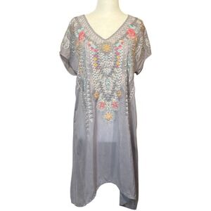 Johnny Was Women's Silk Embroidered Dress Bohemian Cover Up Gray Floral SZ XS‎